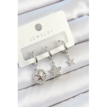 Pirinç Zirkon Taşlı Yıldız Model Gümüş Renk 3lü Çift Kadın Küpe Set
