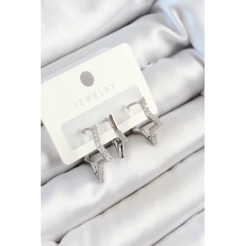 Pirinç Zirkon Taşlı Yıldız Model Gümüş Renk 3lü Çift Kadın Küpe Set