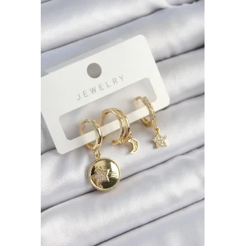 Pirinç Zirkon Taşlı Yıldız Ve Ay Model Gold Renk 3lü Çift Kadın Küpe Set