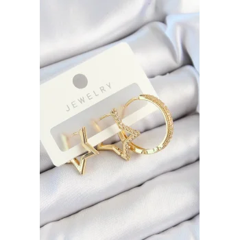 Pirinç Zirkon Taşlı Yıldız Ve Halka Model Gold Renk 3lü Çift Kadın Küpe Set