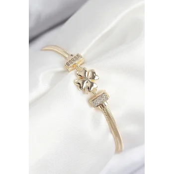 Pirinç Zirkon Taşlı Yonca Model Gold Renk Kadın Bileklik