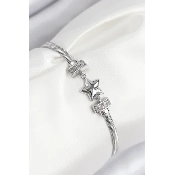 Pirinç Zirkon Taşlı Yonca Model Gümüş Renk Kadın Bileklik