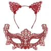 Romantik Kırmızı Dantel Maske Seti – Kedi Kulaklı Taç ve Maske No 3
