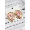 Pirinç Mermer Desenlli Pembe Sedef Oval Vintage Model Gold Renk Kadın Küpe