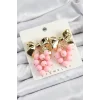 Pirinç Sallantılı Pembe Boncuklu Fiyonk Vintage Model Gold Renk Kadın Küpe