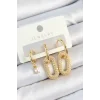 Pirinç Zirkon Taşlı Dikdörtgen Model Gold Renk 3lü Çift Kadın Küpe Set
