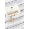 Pirinç Zirkon Taşlı Göz Ve Baykuş Model Gold Renk 3lü Çift Kadın Küpe Set