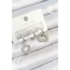 Pirinç Zirkon Taşlı Kalp Model Gümüş Renk 3lü Çift Kadın Küpe Set