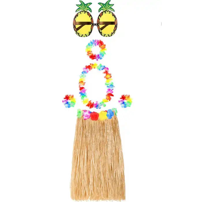 Hawaii Parti Kostüm Seti - 60 cm Hasır Etek, Çiçekli Aksesuarlar ve Ananas Gözlük