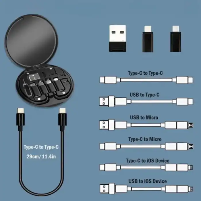 BUFFER® 60w Destekli Kablo Kutusu Seyahat Kablo Seti 5i 1 arada USB Type-C Şarj Kablosu Seti