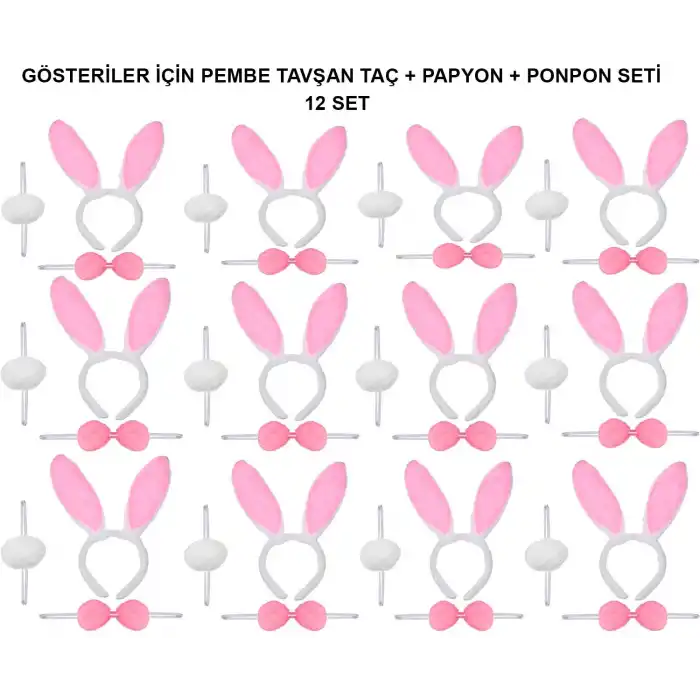 Pembe Tavşan Kostüm Seti – Taç, Papyon, Ponpon (12’li Paket)
