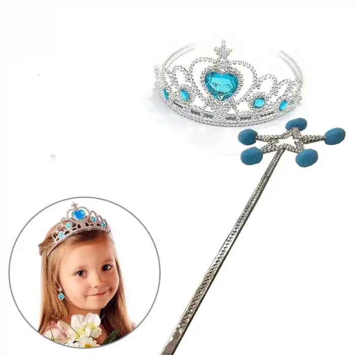 Mavi Ponponlu Elsa Asası ve Kalp Taşlı Elsa Tacı