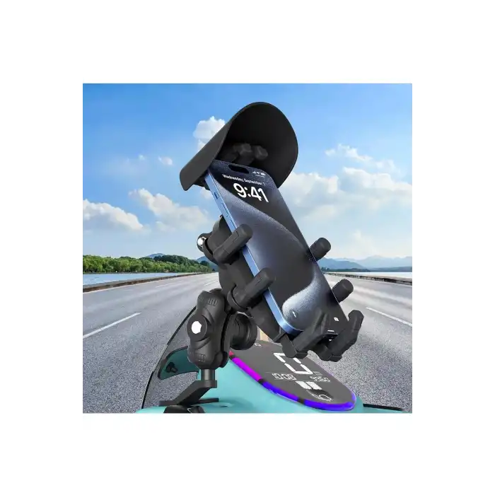 Ayna Bağlantılı Güneş Ve Yağmur Korumalı 360° Derece Ayarlanabilir Motosiklet Telefon Tutucu