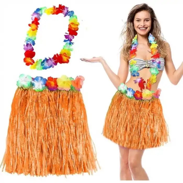 The Best Nzm Hawaii Luau Aloha Turuncu Püsküllü 40 cm Etek ve Hawaii Kolye Seti