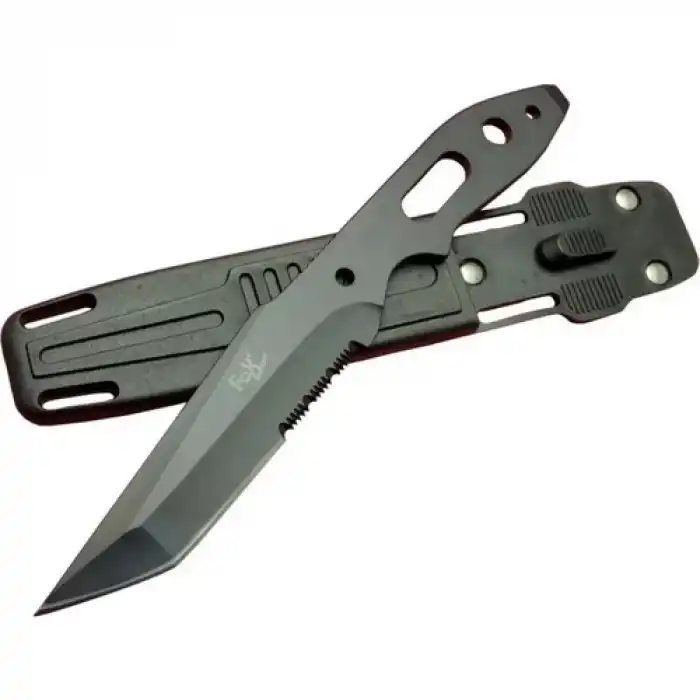 Fox A13 Siyah, Testereli Outdoor Kamp Bıçak 22 cm - Komple Metal, Kılıflı