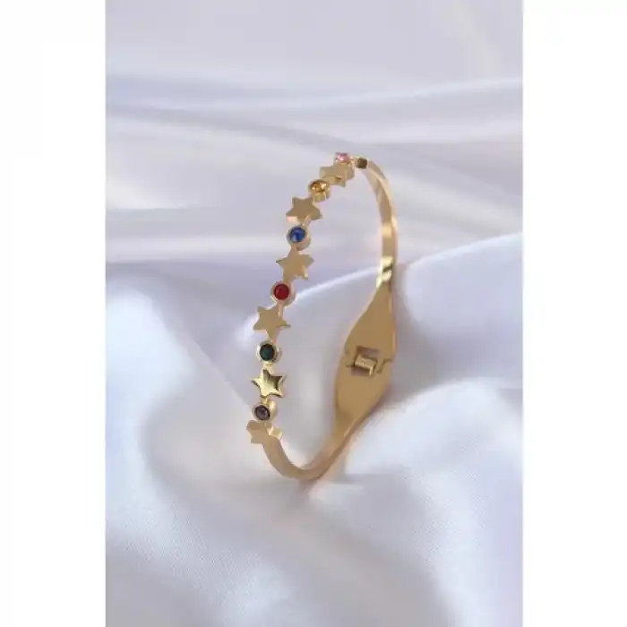 Colezium CLZ741 -  316L Çelik Gold Renk Yıldız Model Renkli Zirkon Taş Detay Kadın Kelepçe