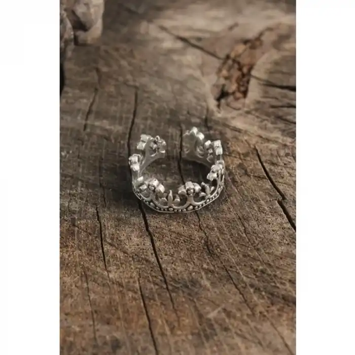 Karce Antik Gümüş Renk Taç Model Ayarlanabilir Erkek Yüzük