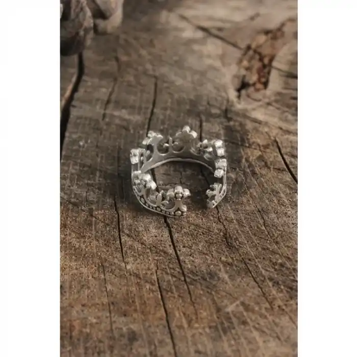 Karce Antik Gümüş Renk Taç Model Ayarlanabilir Erkek Yüzük