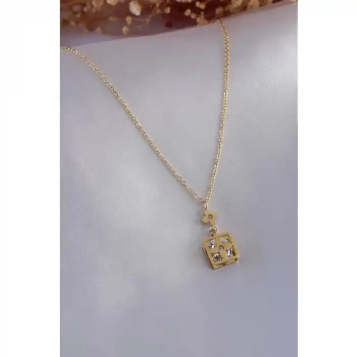 Colezium CLZ741 -  316L Çelik Gold Renk Çiçek Figür Zirkon Taş Detay Kadın Kolye