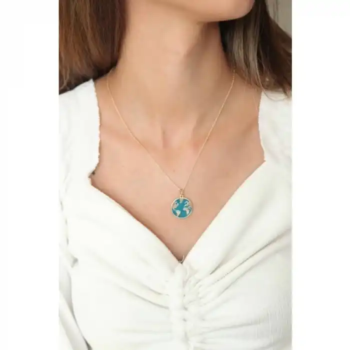 Colezium CLZ741 -  Dünya Figürlü Altın Kaplama Kadın Kolye