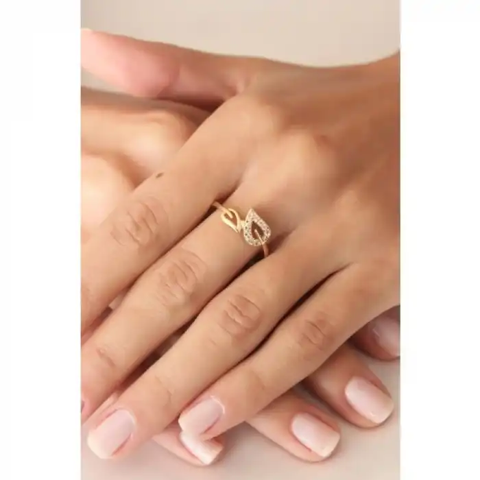 Colezium CLZ741 -  Zirkon Taşlı Gold Renk Yaprak Model Kadın Yüzük