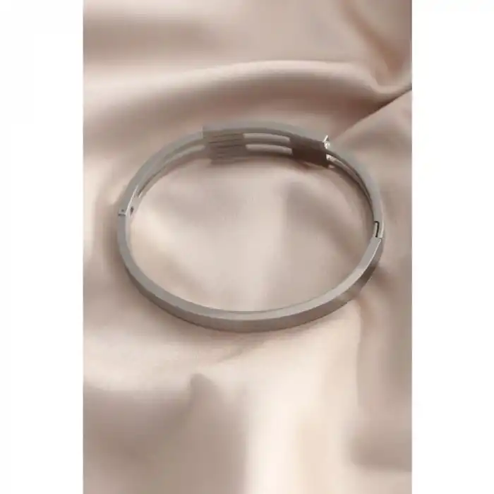 Colezium CLZ741 -  Çelik Gümüş Renk Taşlı Kaburga Model Kelepçe Kadın Bileklik