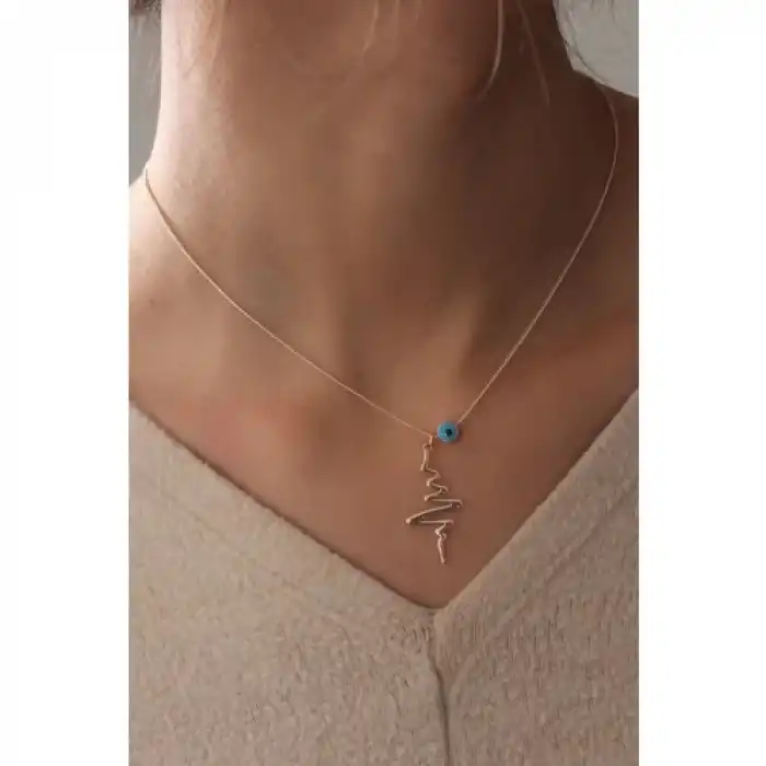 Karce CLZ943  Gold Renk Kalp Ritim Figür Nazar Boncuk Detay Kadın Kolye