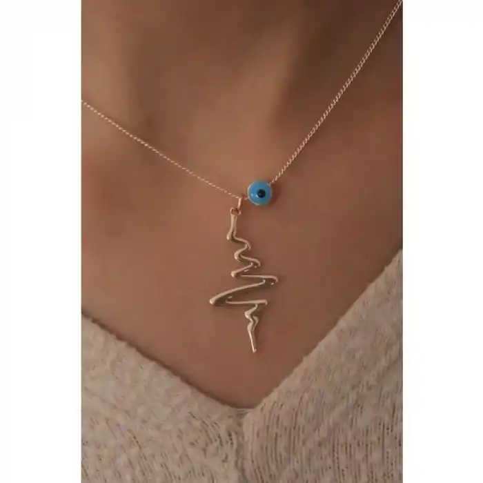 Karce CLZ943  Gold Renk Kalp Ritim Figür Nazar Boncuk Detay Kadın Kolye