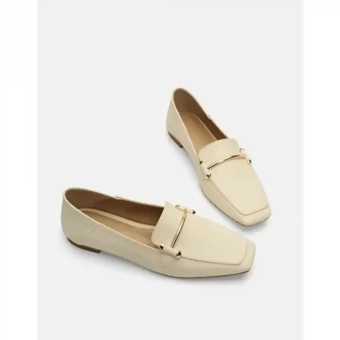 Miha Düz Deri Ithal Aksesuarlı Kadın Babet - Kırık Beyaz