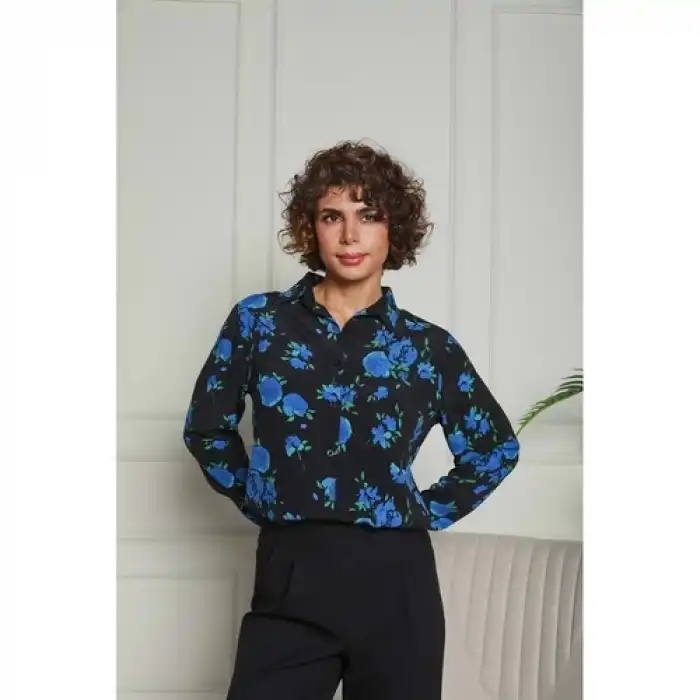 Mavi Çiçekli Dokuma Gömlek Siyah 1500049