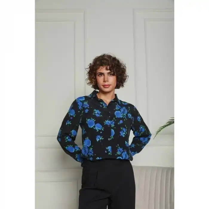 Mavi Çiçekli Dokuma Gömlek Siyah 1500049