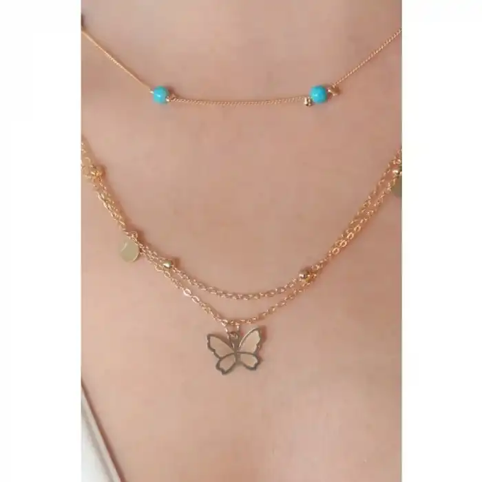 Colezium CLZ741 -  Gold Renk Kelebe Figür Mavi Boncuk Detay Kadın Kolye