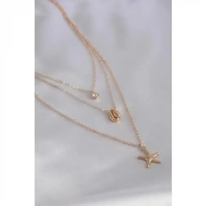 Colezium CLZ741 -  Gold Renk 3'lü Deniz Yıldızı Figür Deniz Kabuğu Detay Zirkon Taş Detay Kadın Kolye