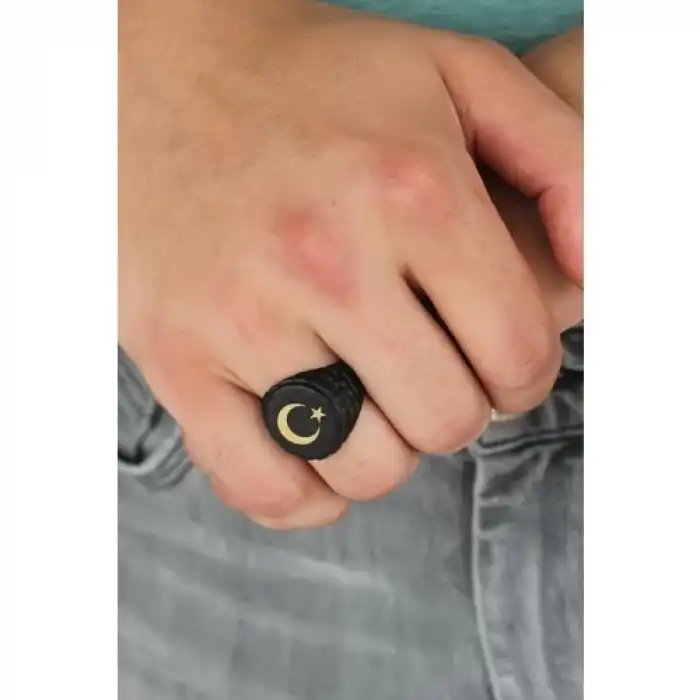 Colezium CLZ741 -  Ay Yıldız Figürlü Siyah Renk Metal Ayarlamalı Erkek Yüzük