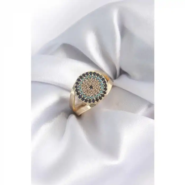 Karce Gold Renk Zirkon Taşlı Nazar Boncuk Model Kadın Yüzük