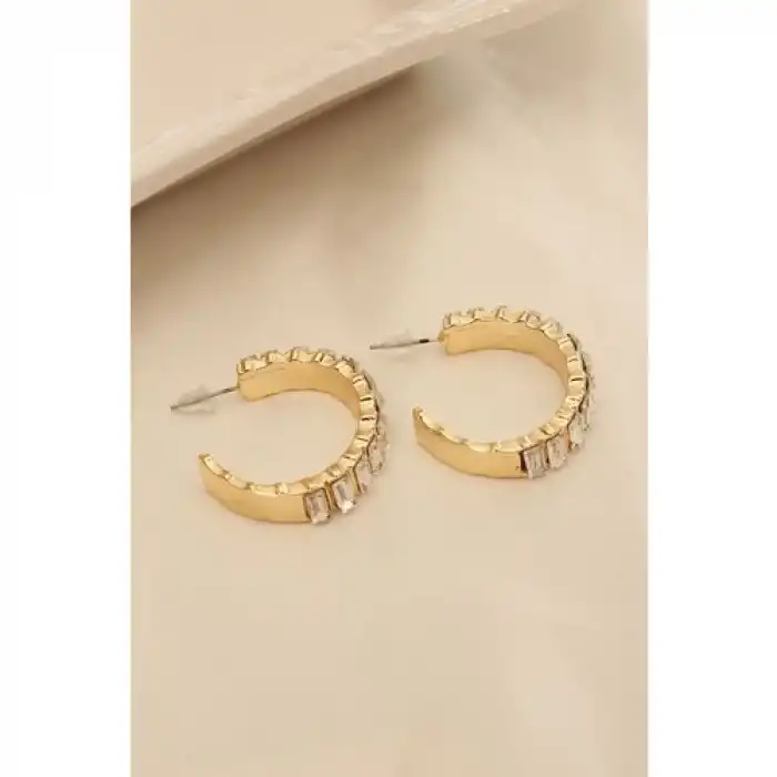 Karce CLZ943  Gold Renk Baget Taşlı Kalın Halka Küpe