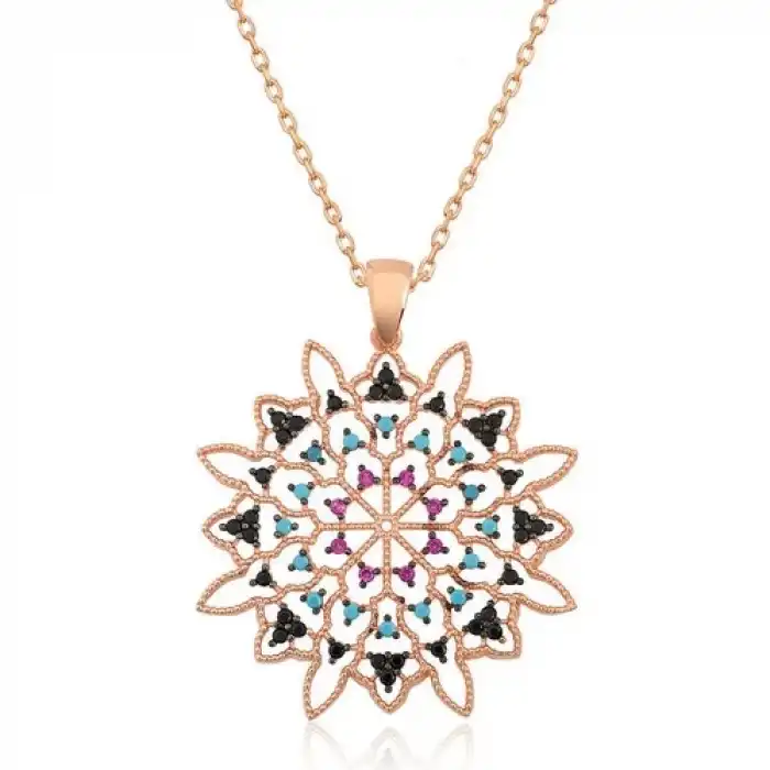 Gumush Gümüş Geometrik Desenli Madalyon Kolye