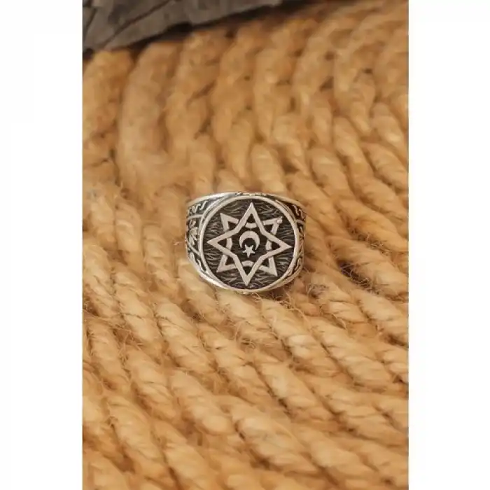 Karce Antik Gümüş Renk Yıldız Içi Ay Yıldız Ayarlanabilir Erkek Yüzük
