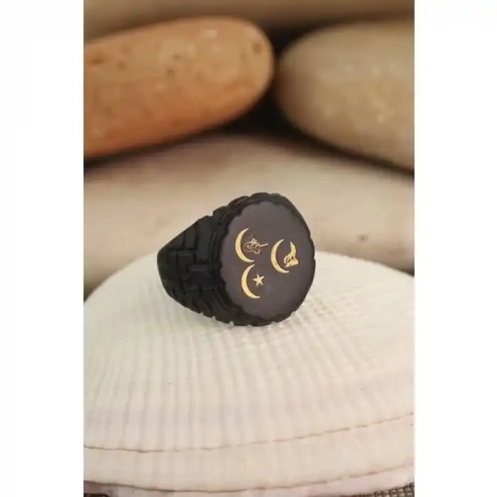 Karce 3 Hilal Figürlü Siyah Renk Metal Ayarlamalı Erkek Yüzük