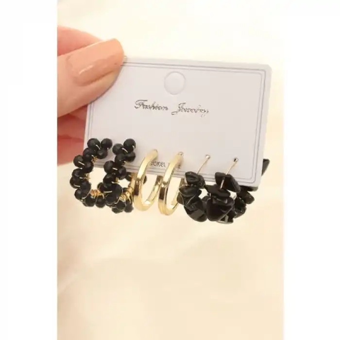 Karce CLZ943  Siyah Renk Doğal Taş Detay Küpe Seti