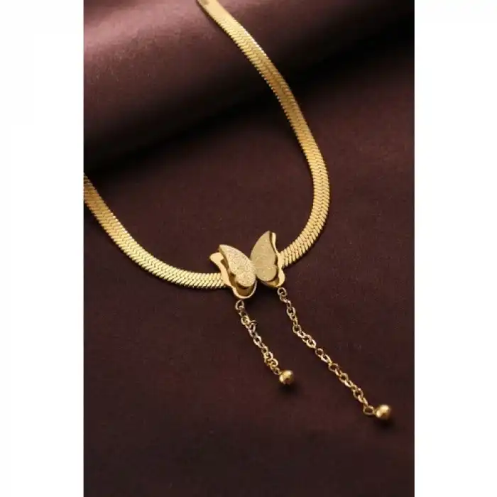 Karce CLZ943  Çelik Altın Renk Kelebek Italyan Zincir Kolye