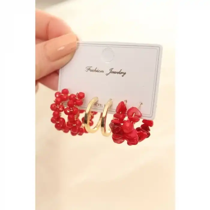 Karce CLZ943  Kırmızı Renk Doğal Taş Detay Küpe Seti