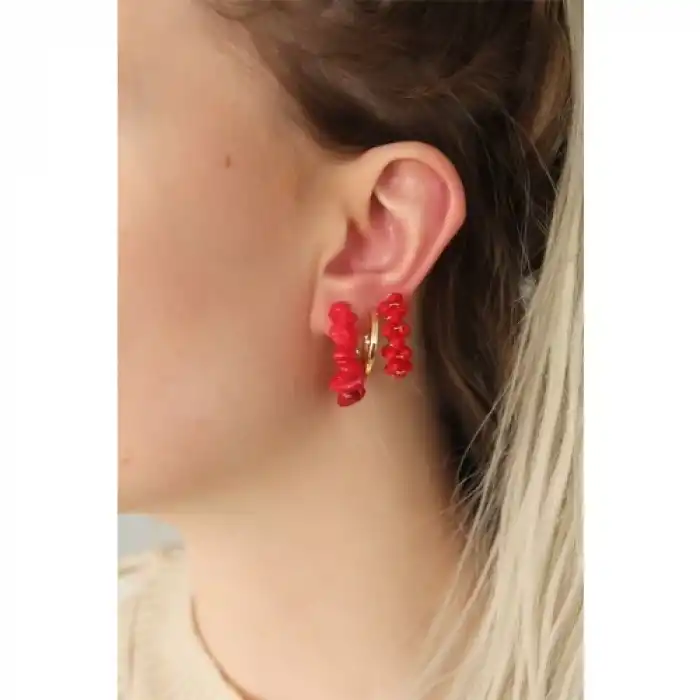 Karce CLZ943  Kırmızı Renk Doğal Taş Detay Küpe Seti