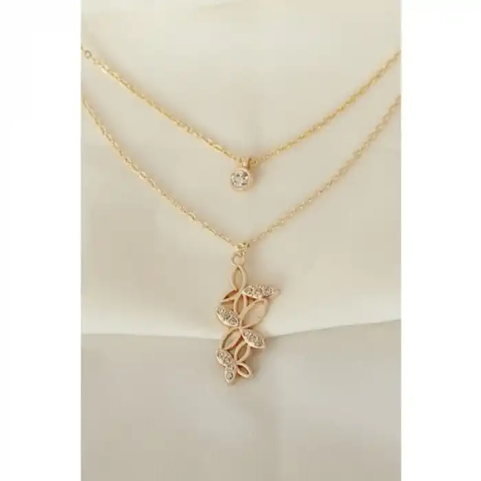 Colezium CLZ741 -  Kelebek Model Gold Metal Zincirli Zirkon Taşlı Kolye