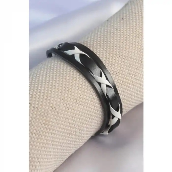 Karce CLZ741 -  Siyah Beyaz Deri Ipli Erkek Bileklik