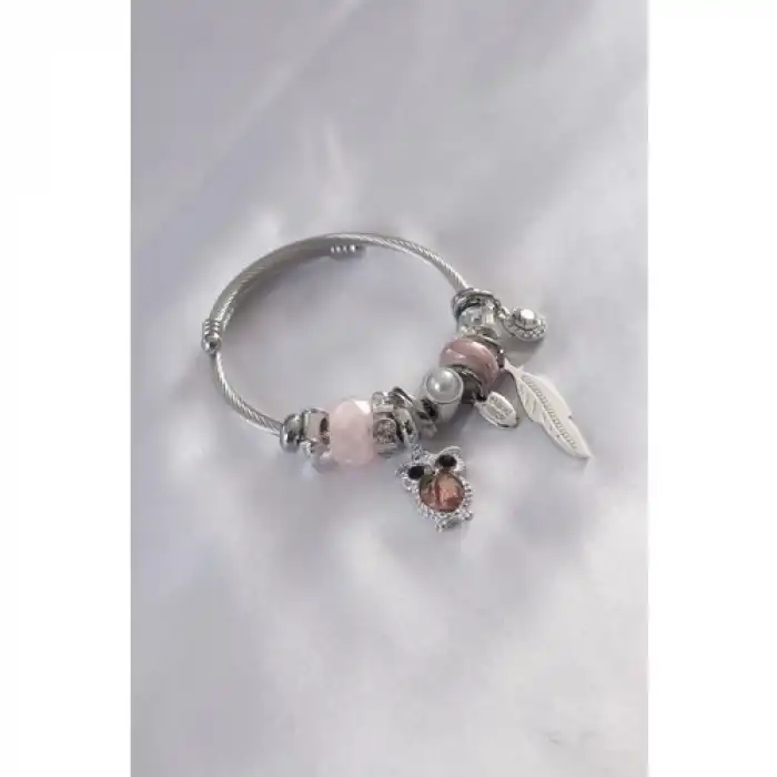 Colezium CLZ943  Çelik Charm Model Pembe Baykuş Figür Yaprak Detay Zirkon Taşlı Kadın Bileklik