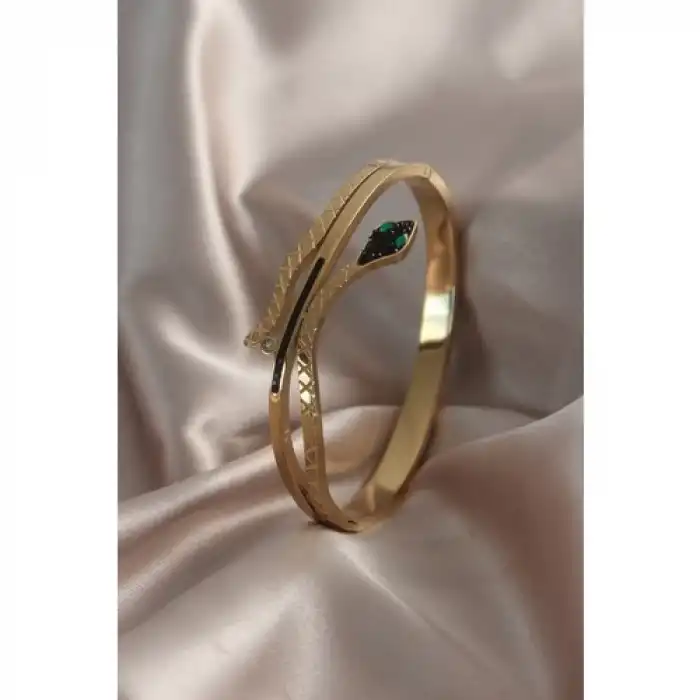 Colezium CLZ741 -  316L Çelik Gold Renk Yılan Model Zirkon Taşlı Kadın Kelepçe