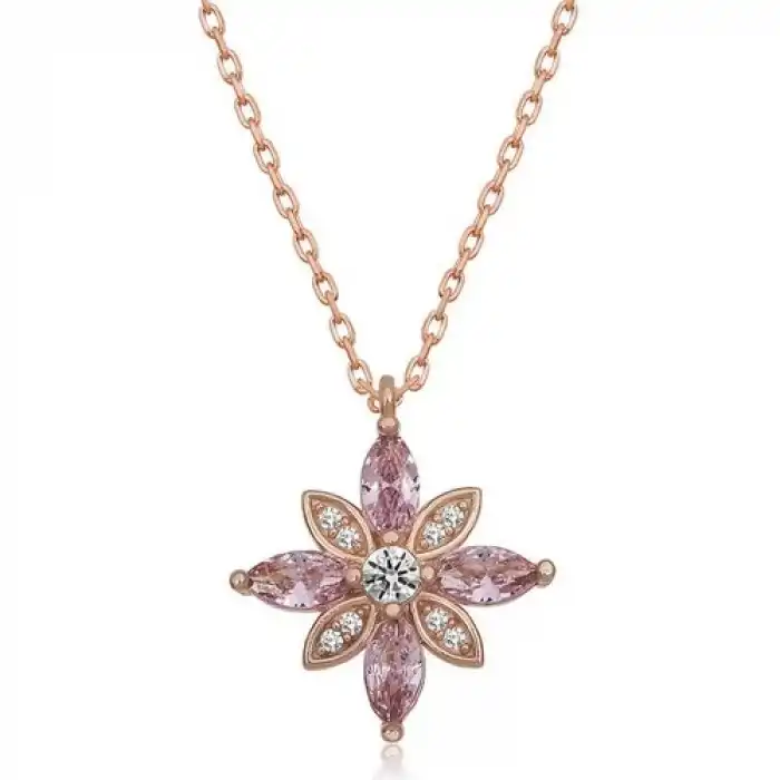Gumush Gümüş Pembe Taşlı Umut Çiçeği Kolye