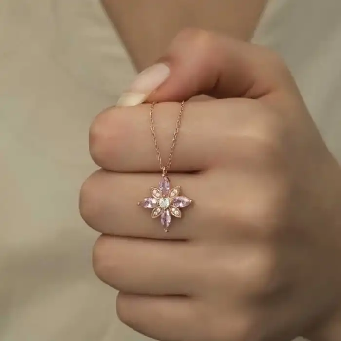 Gumush Gümüş Pembe Taşlı Umut Çiçeği Kolye