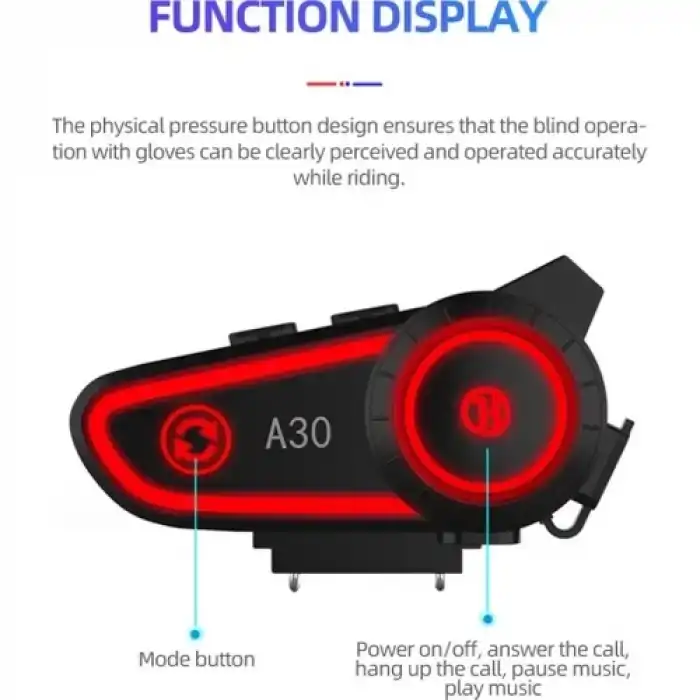 A30 Motosiklet Kask Kulaklık Intercom Işıklı 2 Eşleşme Özellikli